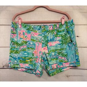 Lilly Pulitzer Callahan Golf Shorts Womens 14 Blue Pink Green Scenic Print Prep